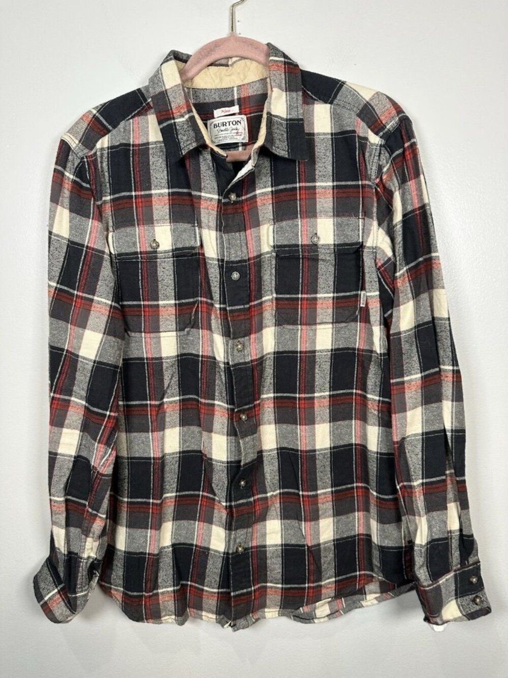 Burton Flannel Button Down Plaid Shirt Size Large Black Red Outdoor Hiking